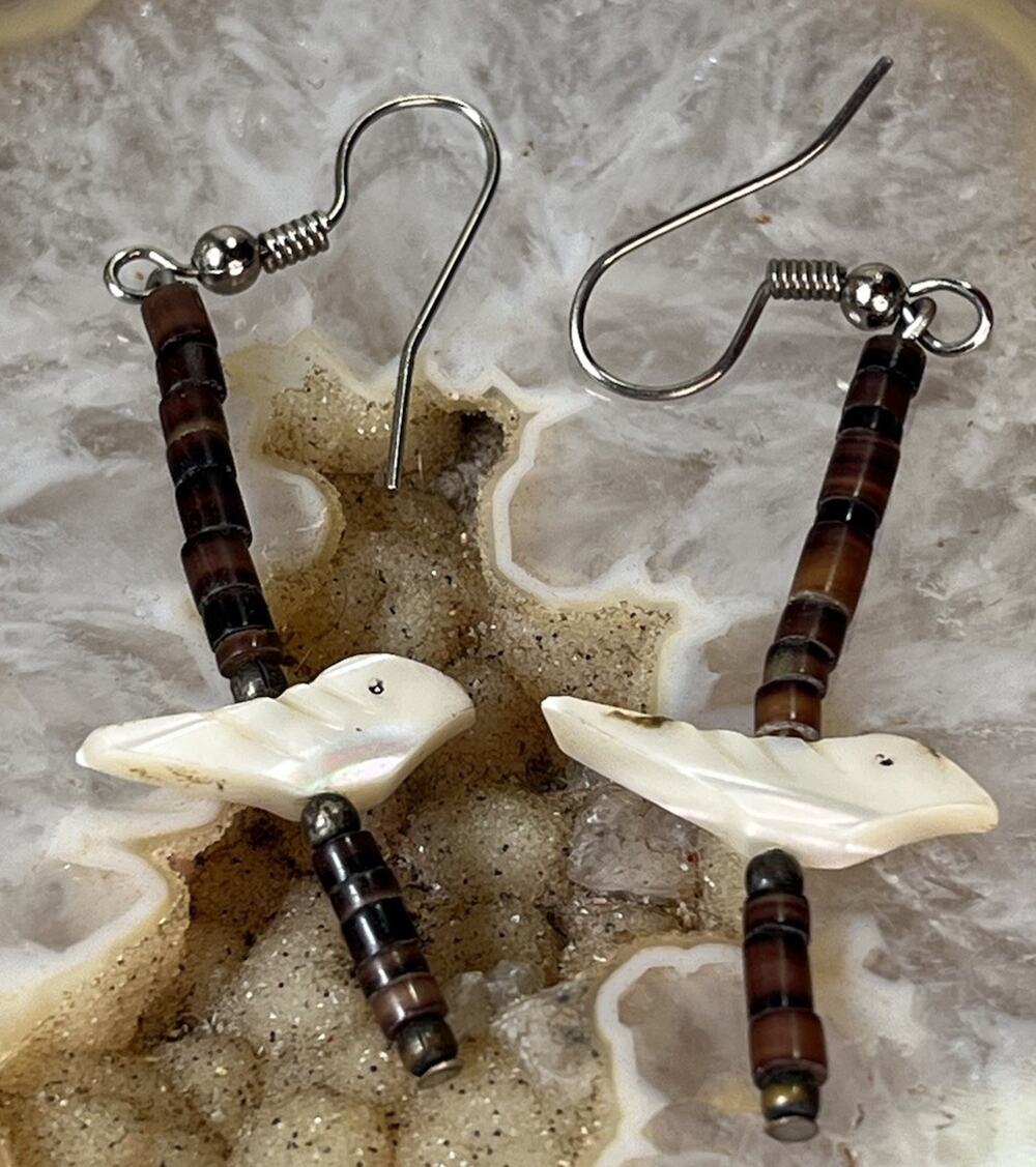 Vintage Mother of Pearl Fetish Bird Heishi Bead Dangle Earrings Southwestern